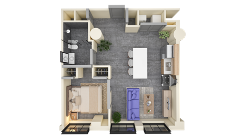 Floor plan for 1 bed, 1 bath, 666 sqft